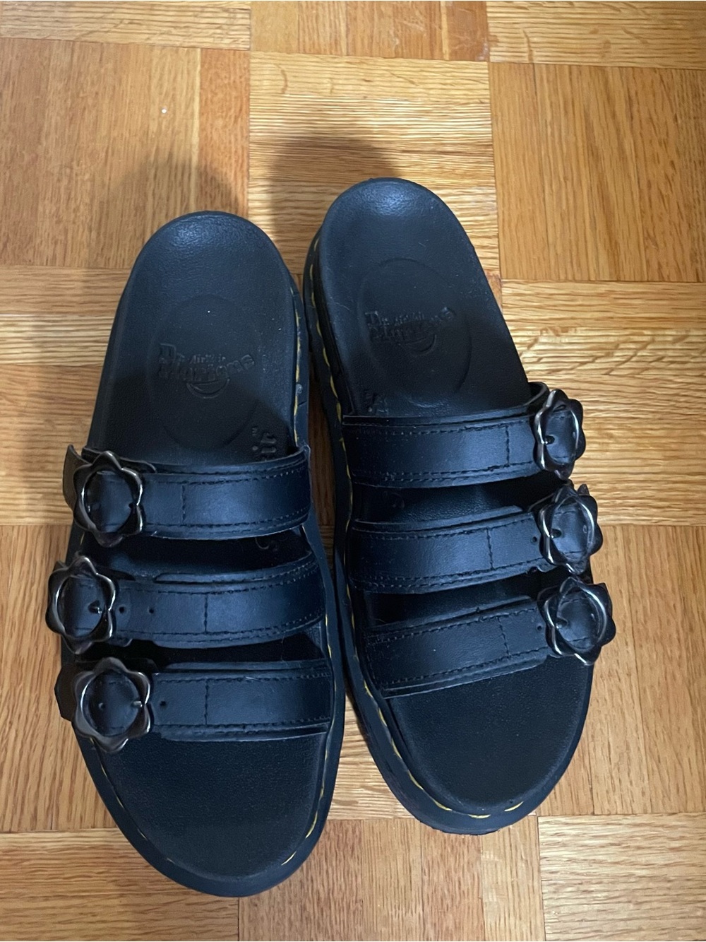 Dr. Martens Black Platform Flower Buckle Blaire Slides - Picture 4 of 6